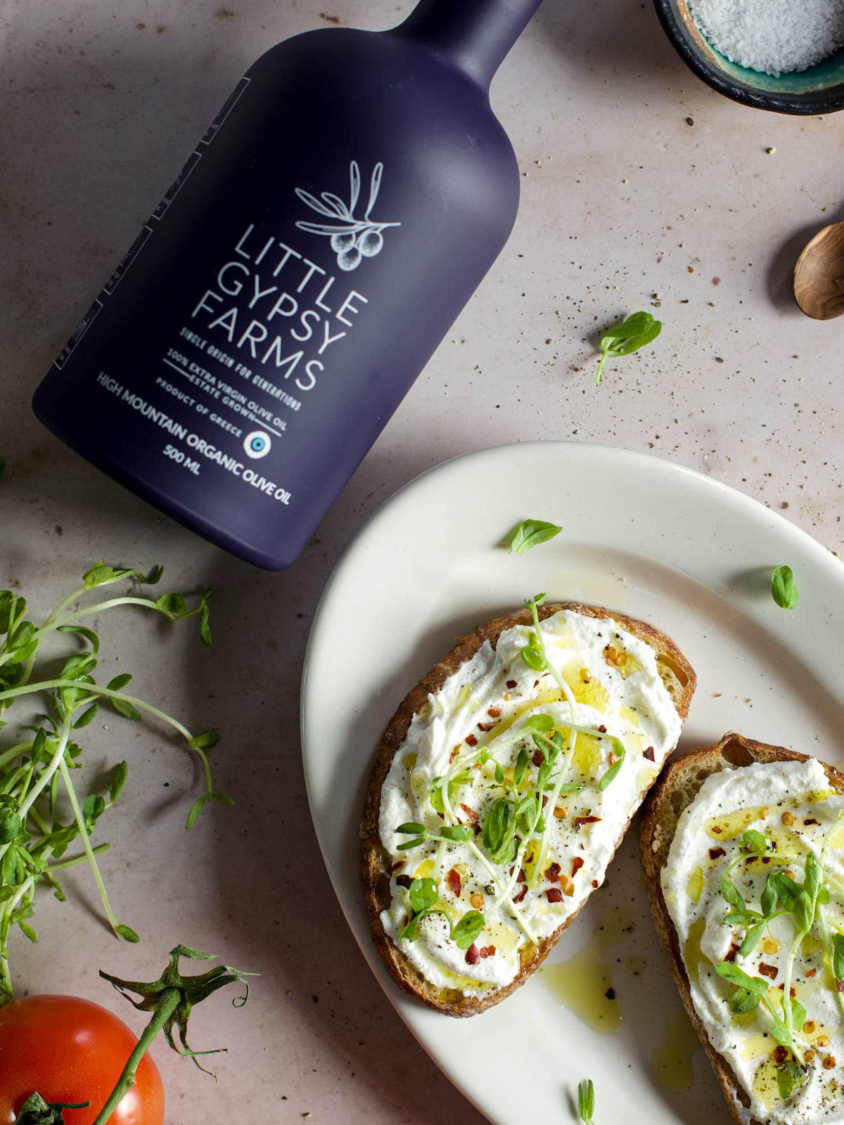 Gypsy Farms first cold-pressed EVOO bottle preserves fresh aroma and nutrients.