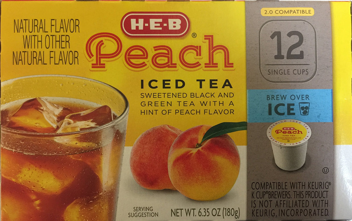 H-E-B Peach Iced Tea Keurig cups ready for quick brewing.
