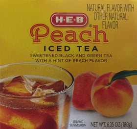 H-E-B Peach Iced Tea packaging closeup highlights natural flavors.