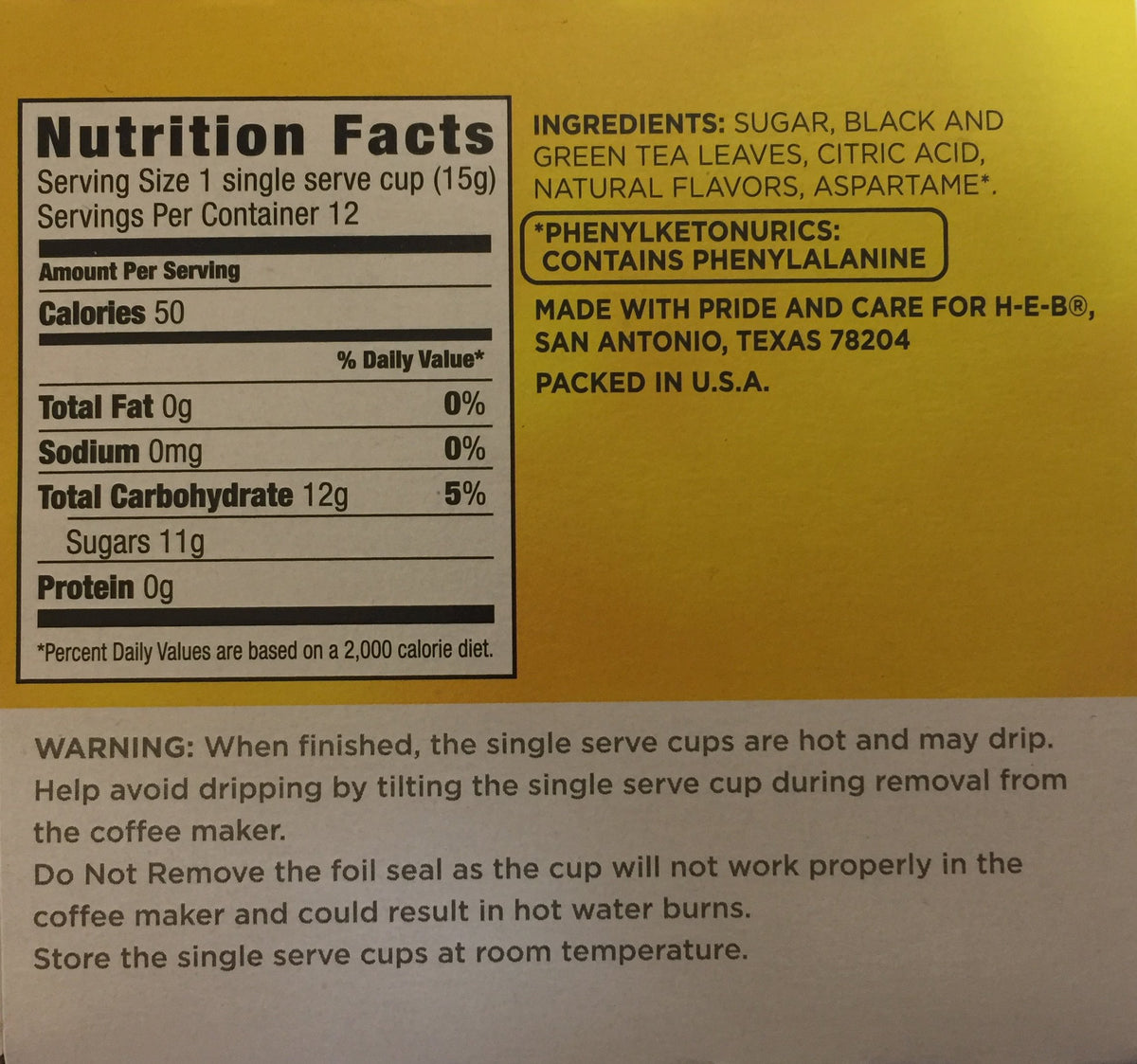 H-E-B Peach Iced Tea served over ice offers a refreshing summer drink.