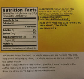 H-E-B Peach Iced Tea served over ice offers a refreshing summer drink.