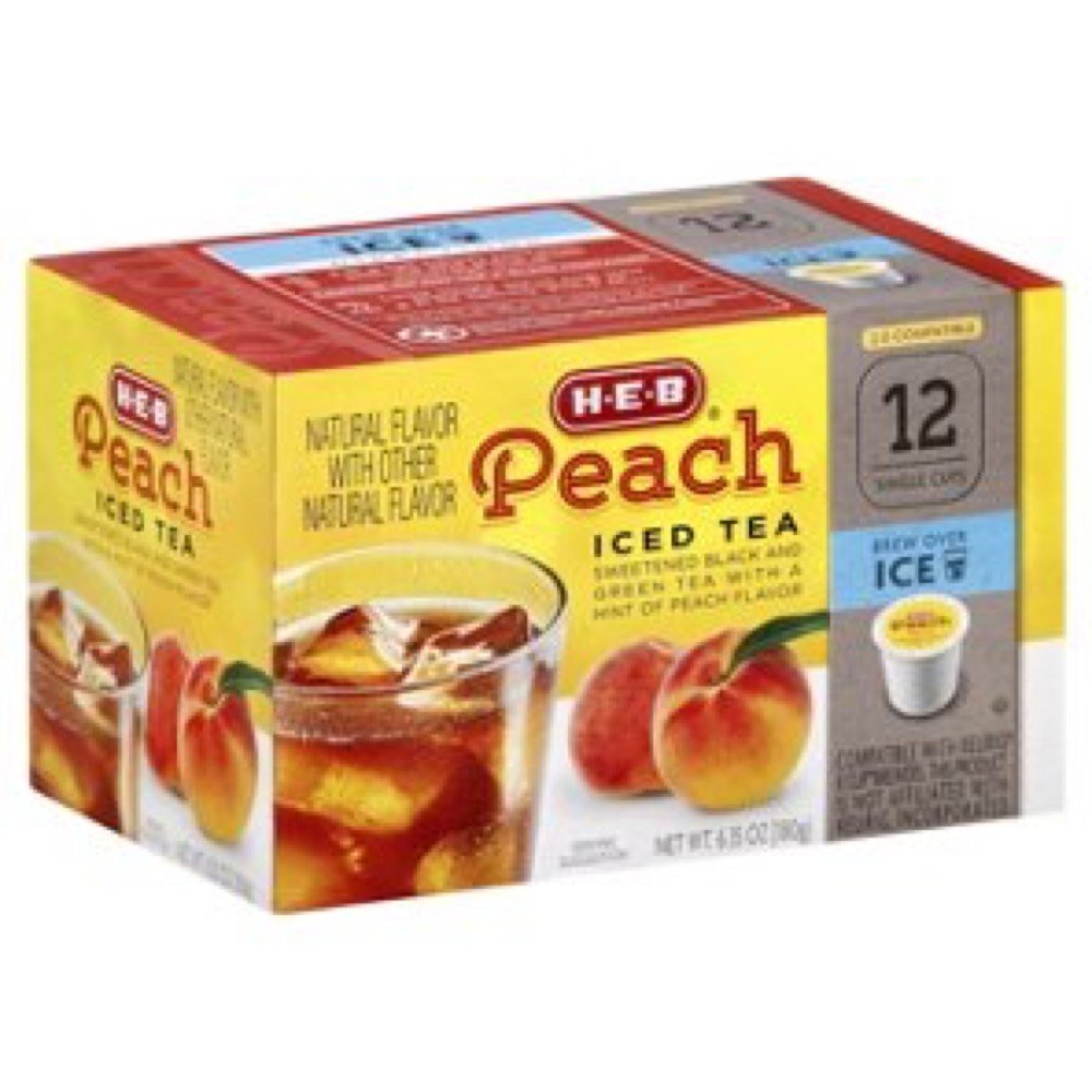 H-E-B Peach Iced Tea single cups box for quick refreshment.