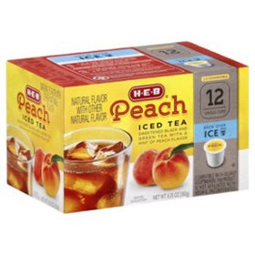 H-E-B Peach Iced Tea single cups box for quick refreshment.