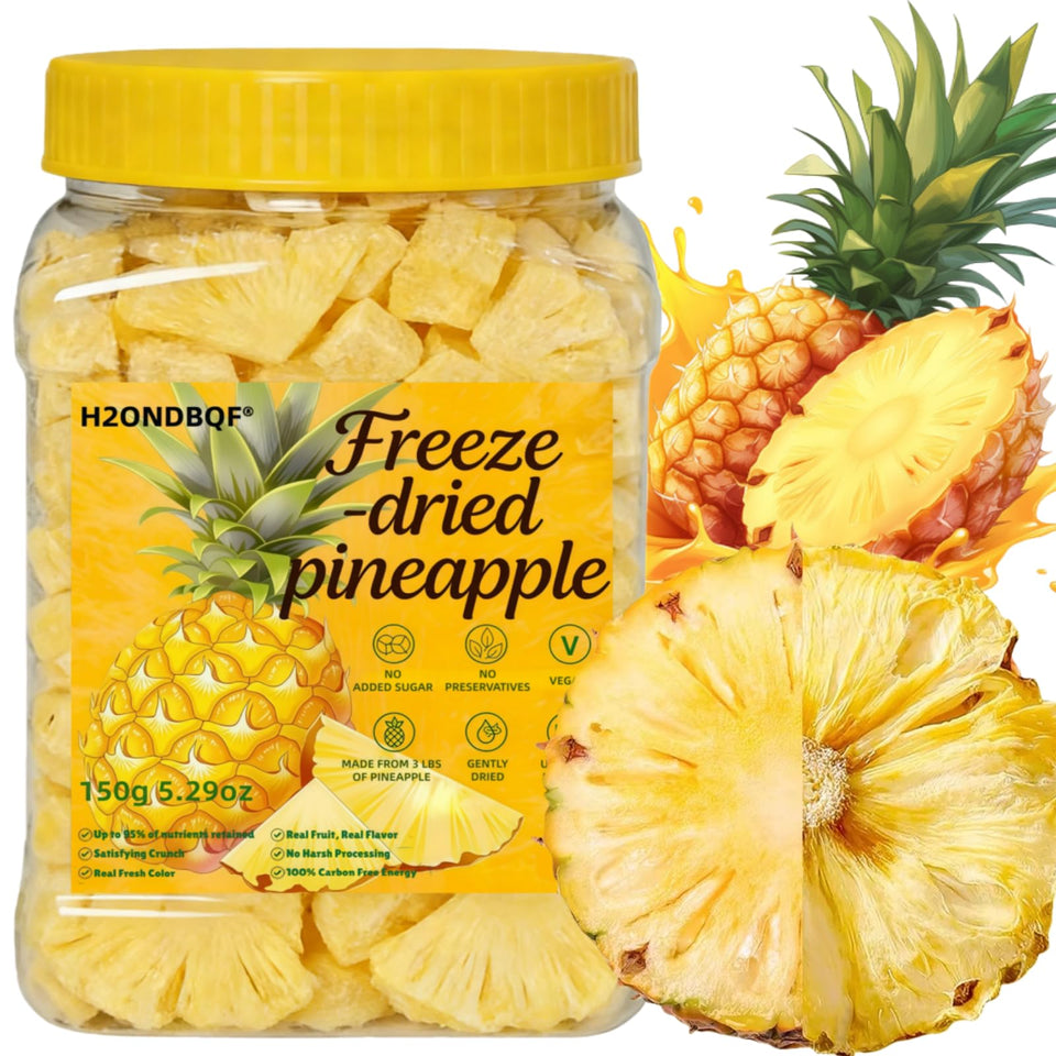 H2ONDBQF Freeze Dried Pineapple Chips bag close-up; pure tropical crunch for on-the-go snacking.