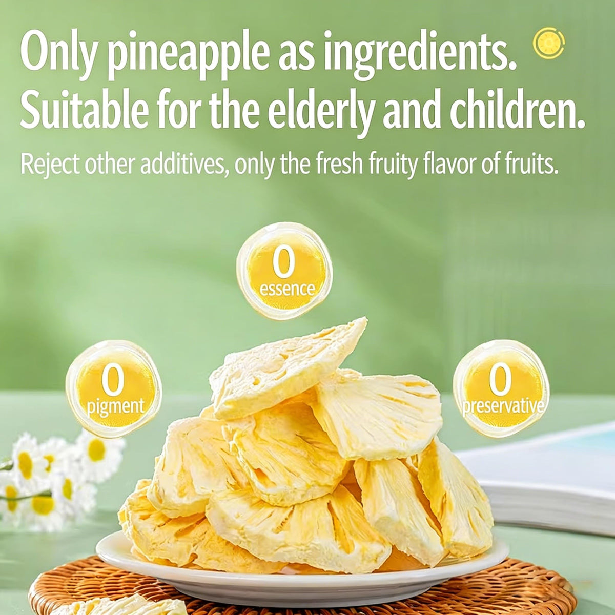 H2ONDBQF pineapple chips close-up shows crisp texture and bright pineapple flavor.