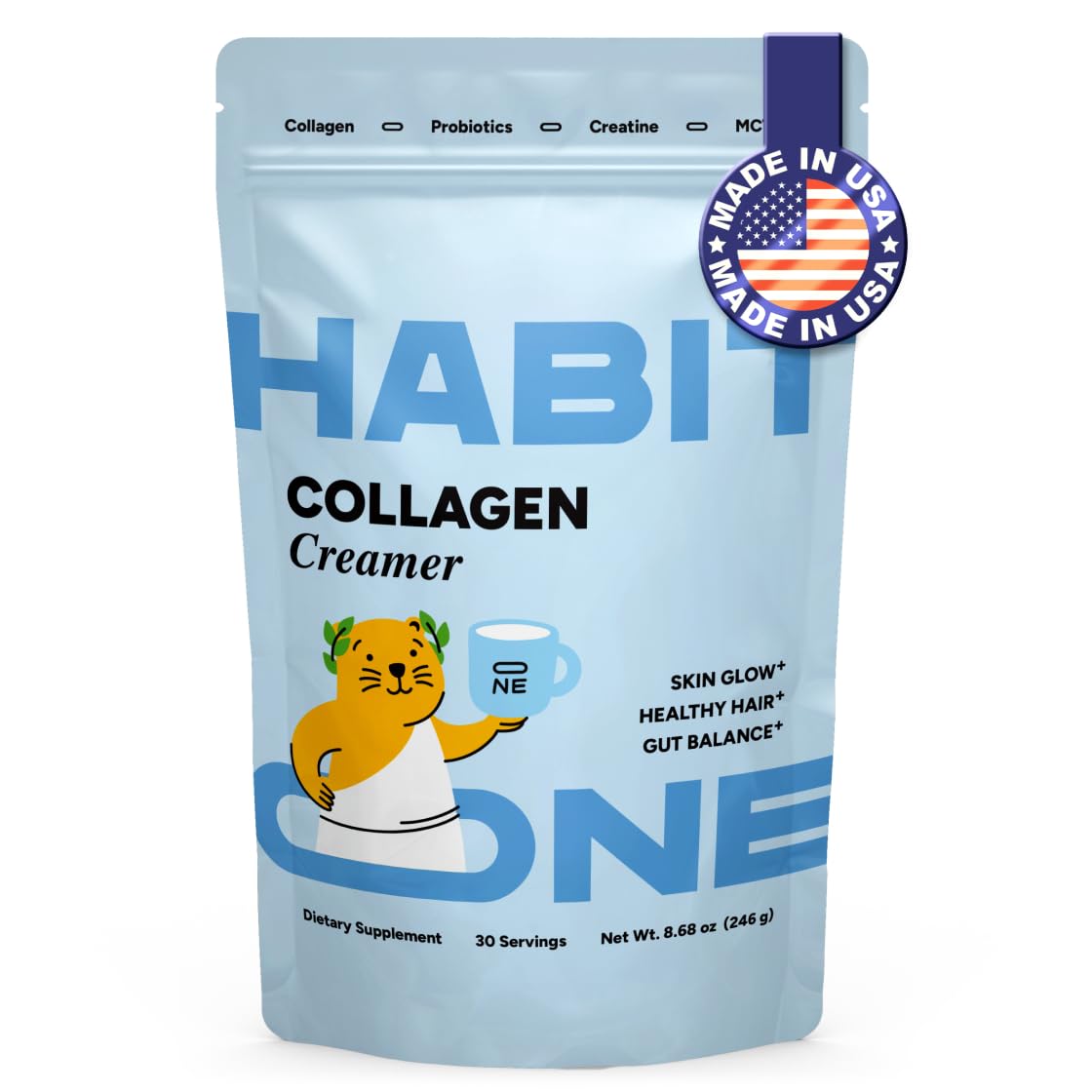 Habit One collagen creamer bottle beside coffee for a creamy, dairy-free texture