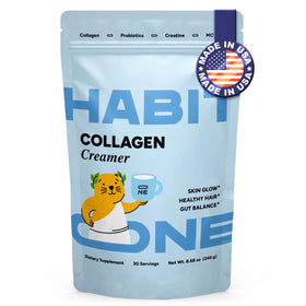 Habit One collagen creamer bottle beside coffee for a creamy, dairy-free texture
