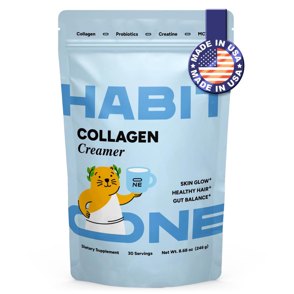Habit One collagen creamer bottle beside coffee for a creamy, dairy-free texture