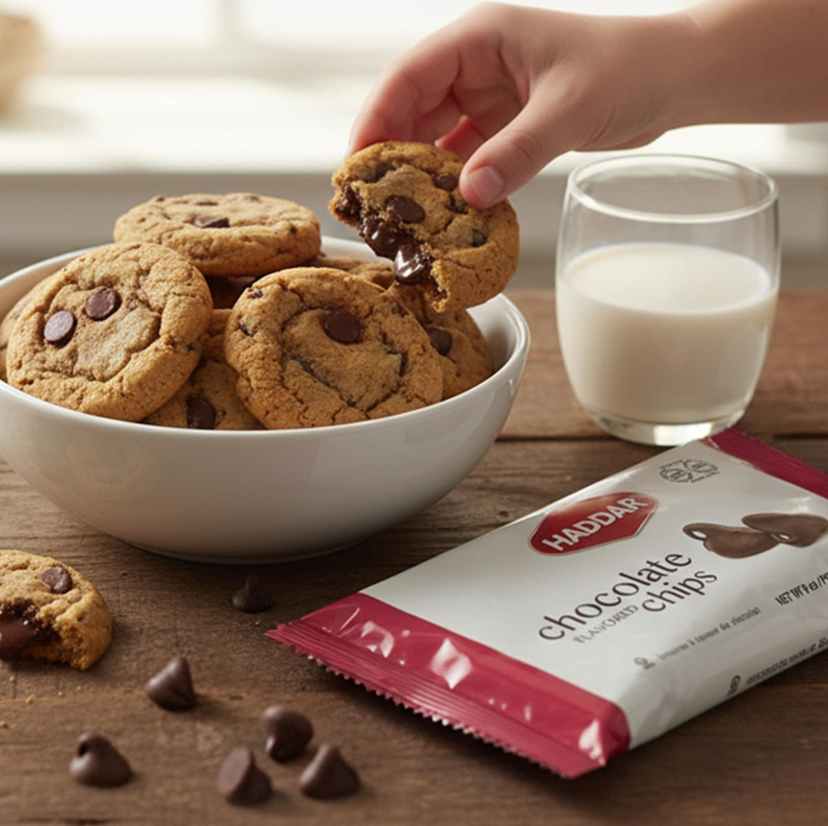 Haddar chocolate chips melt smoothly, close-up view showcasing glossy, creamy texture.