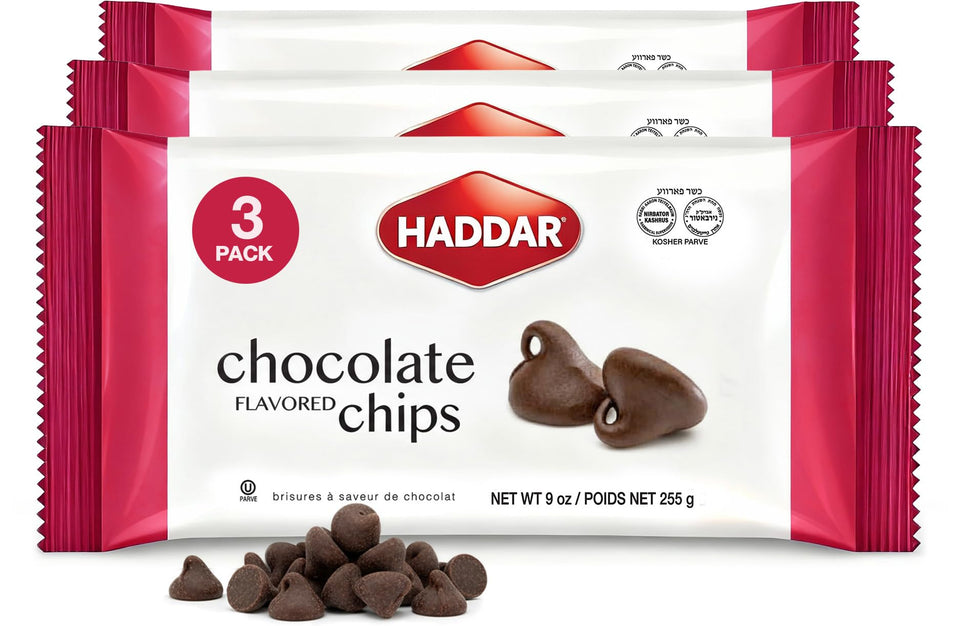 Haddar Chocolate Flavored Chips 3-pack, ideal for baking and easy pantry stock.