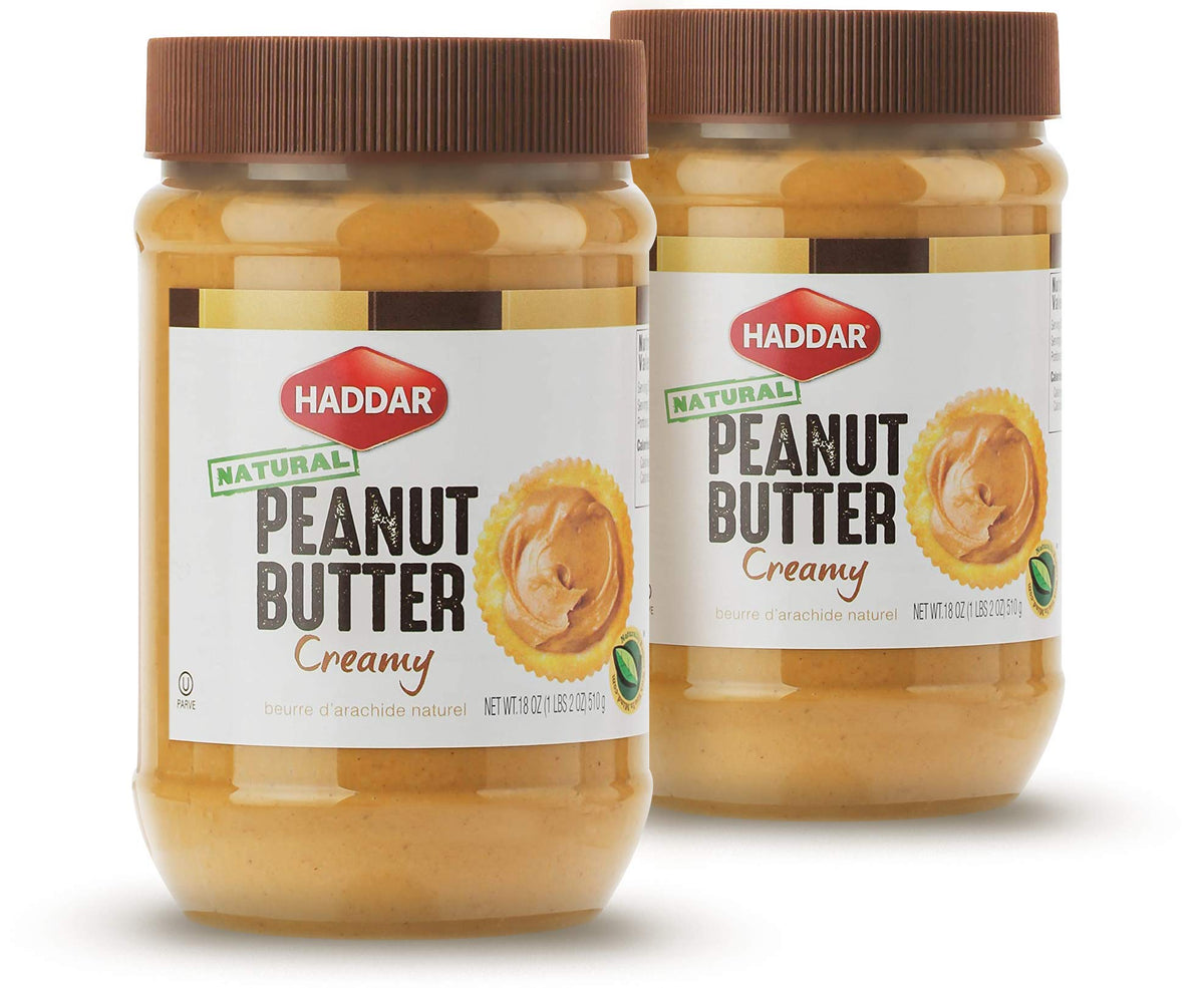 Haddar creamy peanut butter jar shows smooth texture, ideal for spreads on toast.