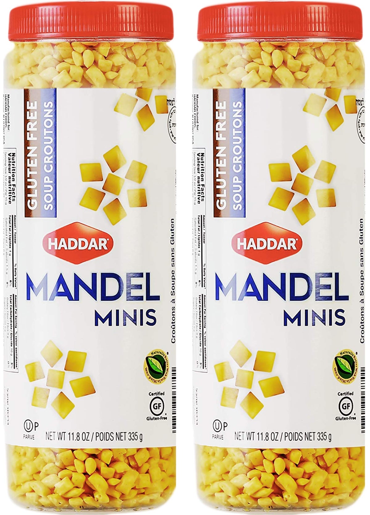 Haddar Mandel Mini Croutons package front showing gluten free and Passover suitability