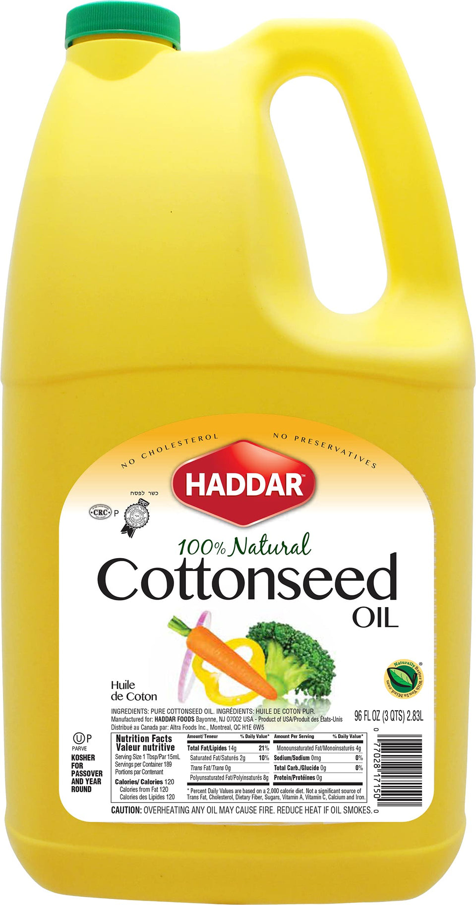 Haddar Pure Cottonseed Oil 96oz bottle with handle, ideal for frying with light flavor.