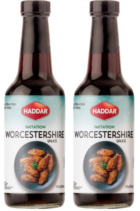 Haddar Worcestershire sauce bottle shows vegan, fish-free formula for marinades.