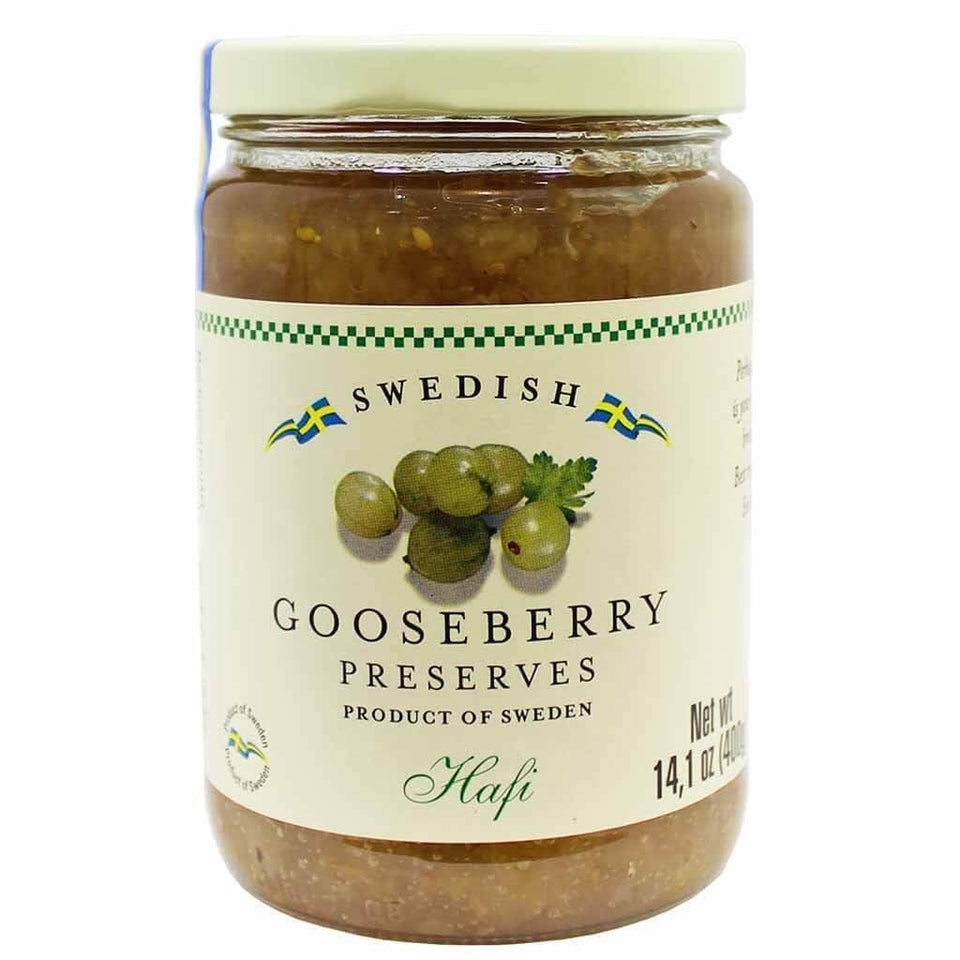 Hafi Swedish Gooseberry Preserves jar ready for toast, desserts, or savory glazes.