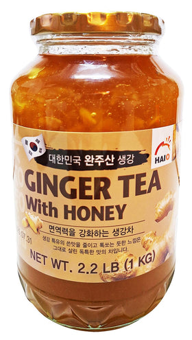 HAIO Ginger Tea with Honey in a glass jar, ready for quick brewing.