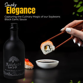 HAKU Black Garlic Shoyu dramatic wood background evokes traditional Kyoto craftsmanship