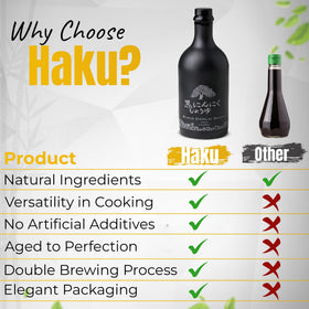 HAKU Black Garlic Shoyu bottle with drizzle over noodles demonstrates versatile finishing usage