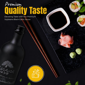 Haku Black Garlic Shoyu ingredients closeup with soybeans and garlic