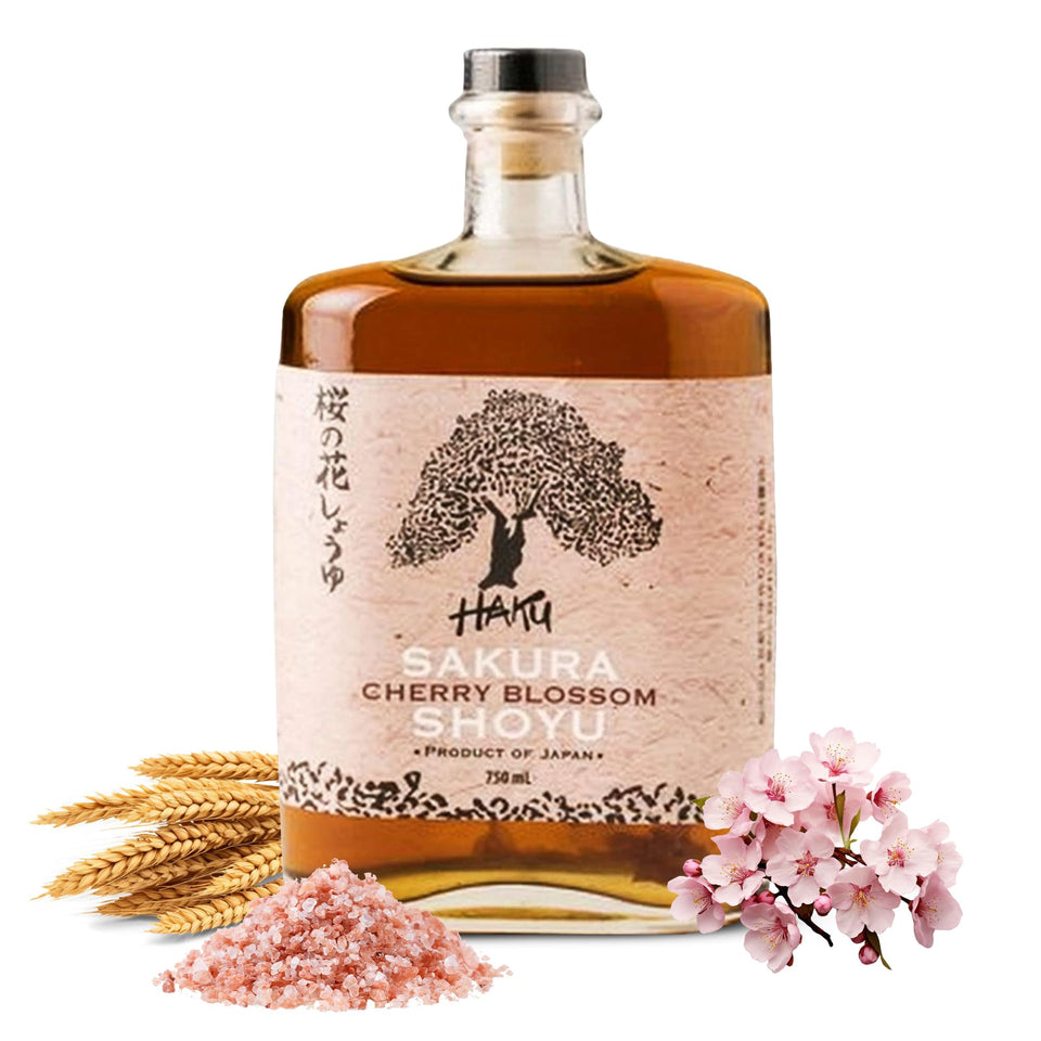 HAKU Sakura Cherry Blossom Shoyu bottle pour finishing a pan-Asian dish