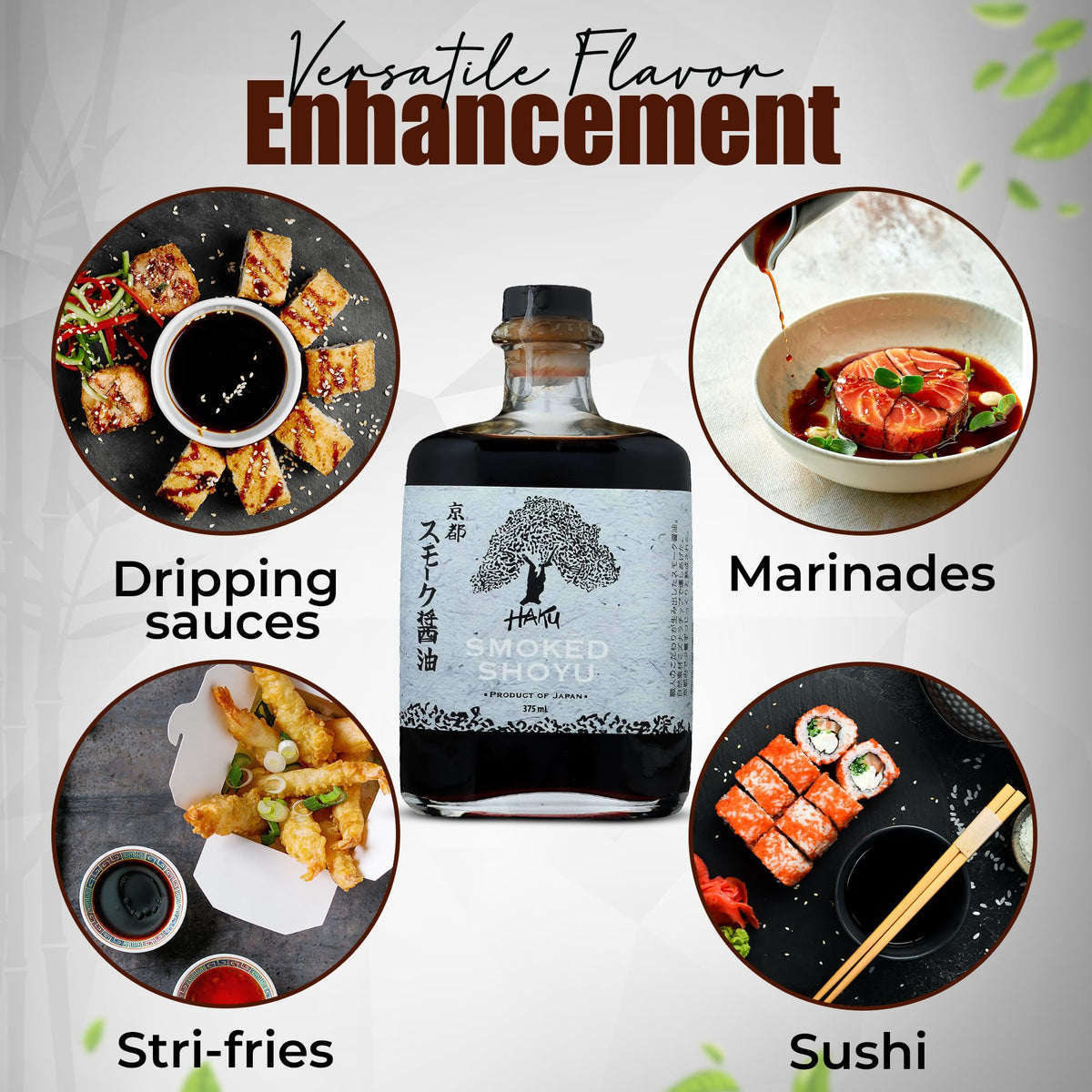 HAKU Smoked Shoyu as a sushi dip for vibrant nigiri and sashimi
