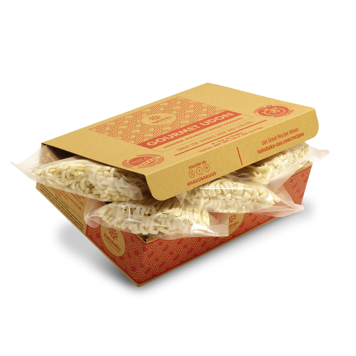 Hakubaku Gourmet Udon box packaging with four packs for pantry convenience.