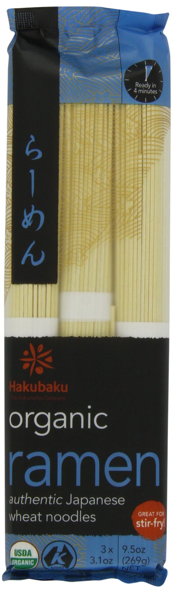 Hakubaku Organic Ramen packaging with eight 9.5 oz pouches for quick meals.