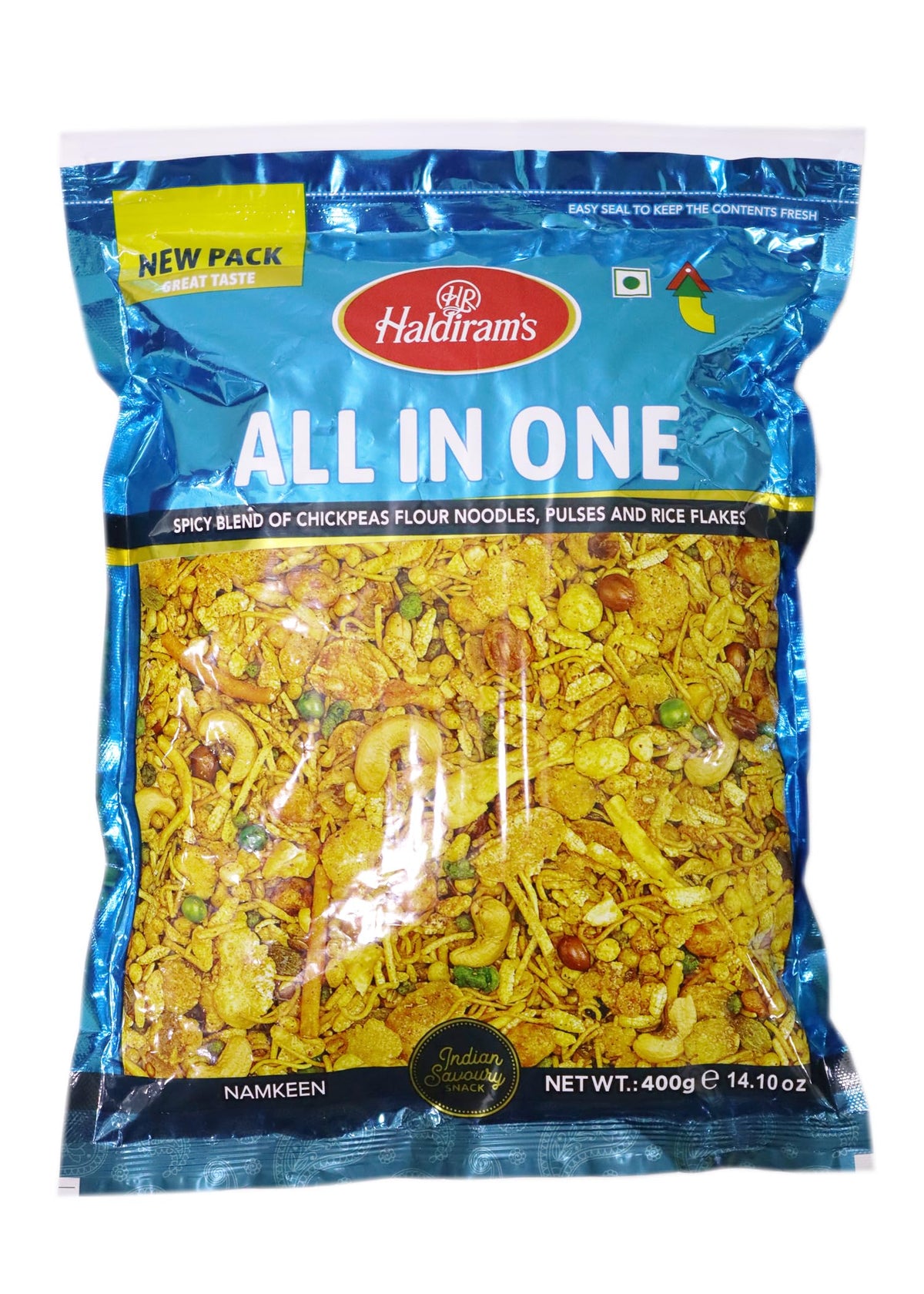 Haldiram's All In One packaging with 14.12 oz bag, ideal for sharing.
