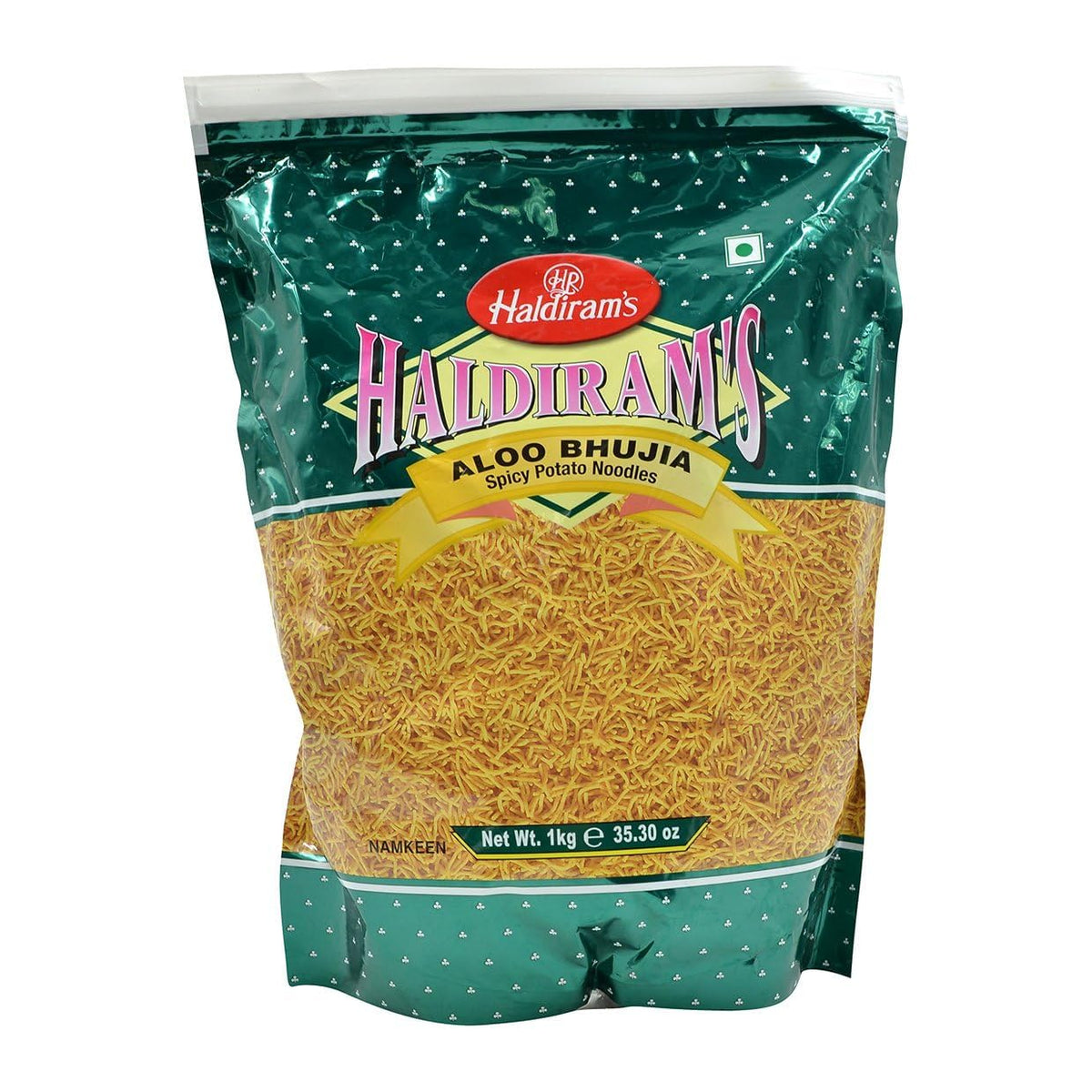 Haldiram's Aloo Bhujia 1kg pack: crispy, savory snack perfect for sharing.