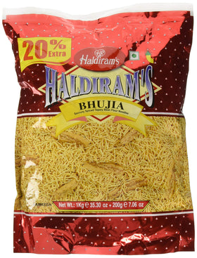 Haldiram's Bhujia pack shot showing a 1000g jar for tea-time snacking.