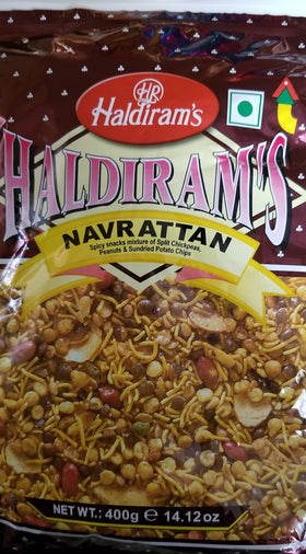 Haldiram's Navrattan Mix packaging showing vibrant snack blend for gatherings