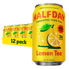 HALFDAY prebiotic lemon iced tea can - refreshing flavor with gut-friendly fiber.