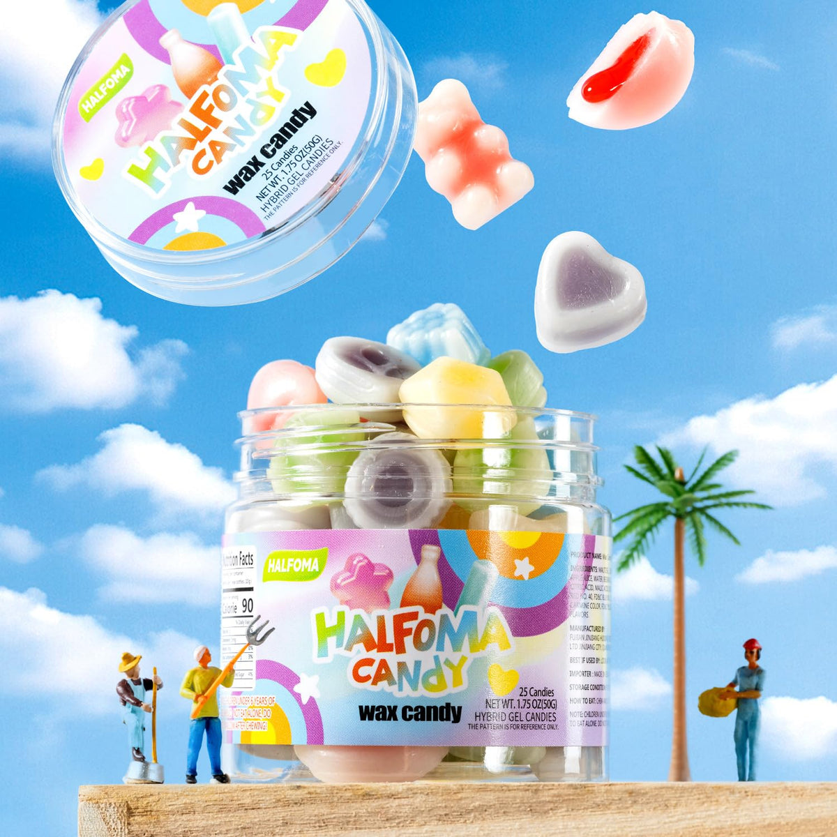 Halfoma wax bottle chewable candy center syrup filling with fruity flavors.