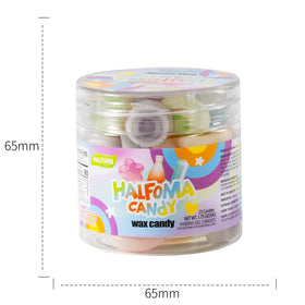 Halfoma wax bottle chewable candy assorted fruit syrups entice tasting.