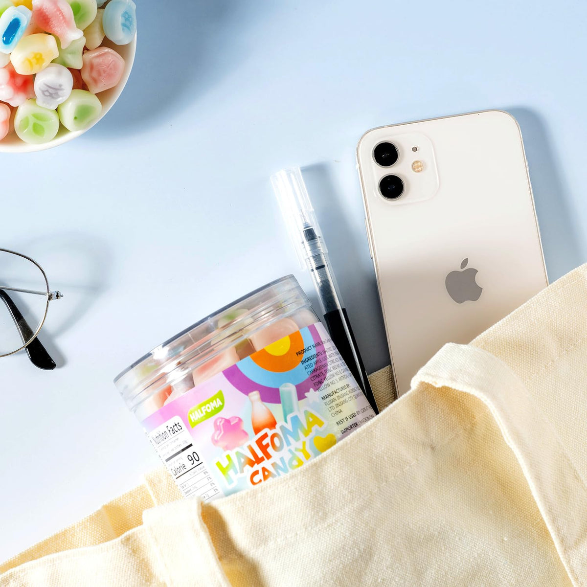 Halfoma wax bottle chewable candy gift-ready can for celebrations.