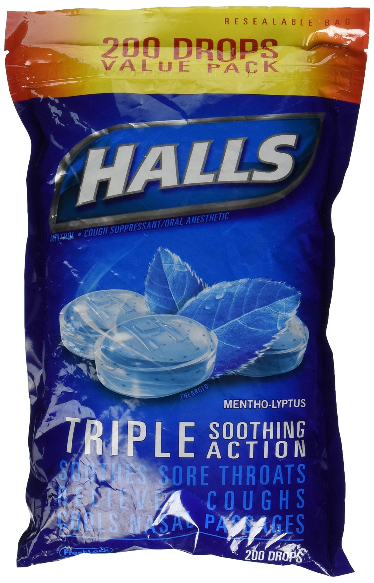 Halls Mentho-Lyptus drops bottle with cooling relief as you dissolve a minty drop.