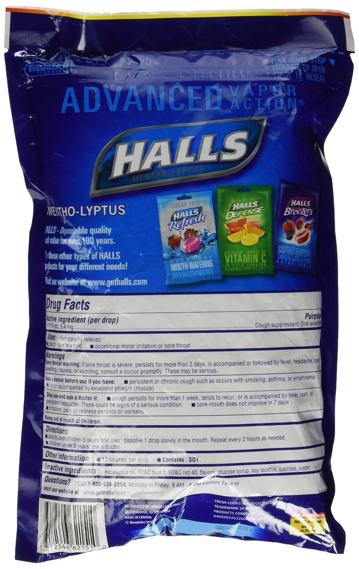 Halls Mentho-Lyptus drops pack front highlights fresh flavor and long-lasting supply.