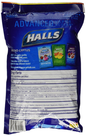 Halls Mentho-Lyptus drops pack front highlights fresh flavor and long-lasting supply.