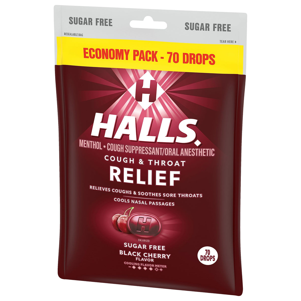 HALLS sugar-free black cherry drops bag-open scene ready for on-the-go use