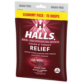 HALLS sugar-free black cherry drops bag-open scene ready for on-the-go use