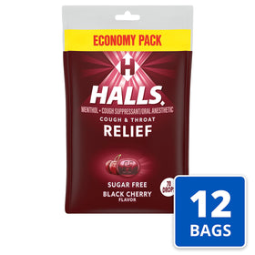 HALLS sugar-free black cherry drops close-up with glossy coating for fast relief