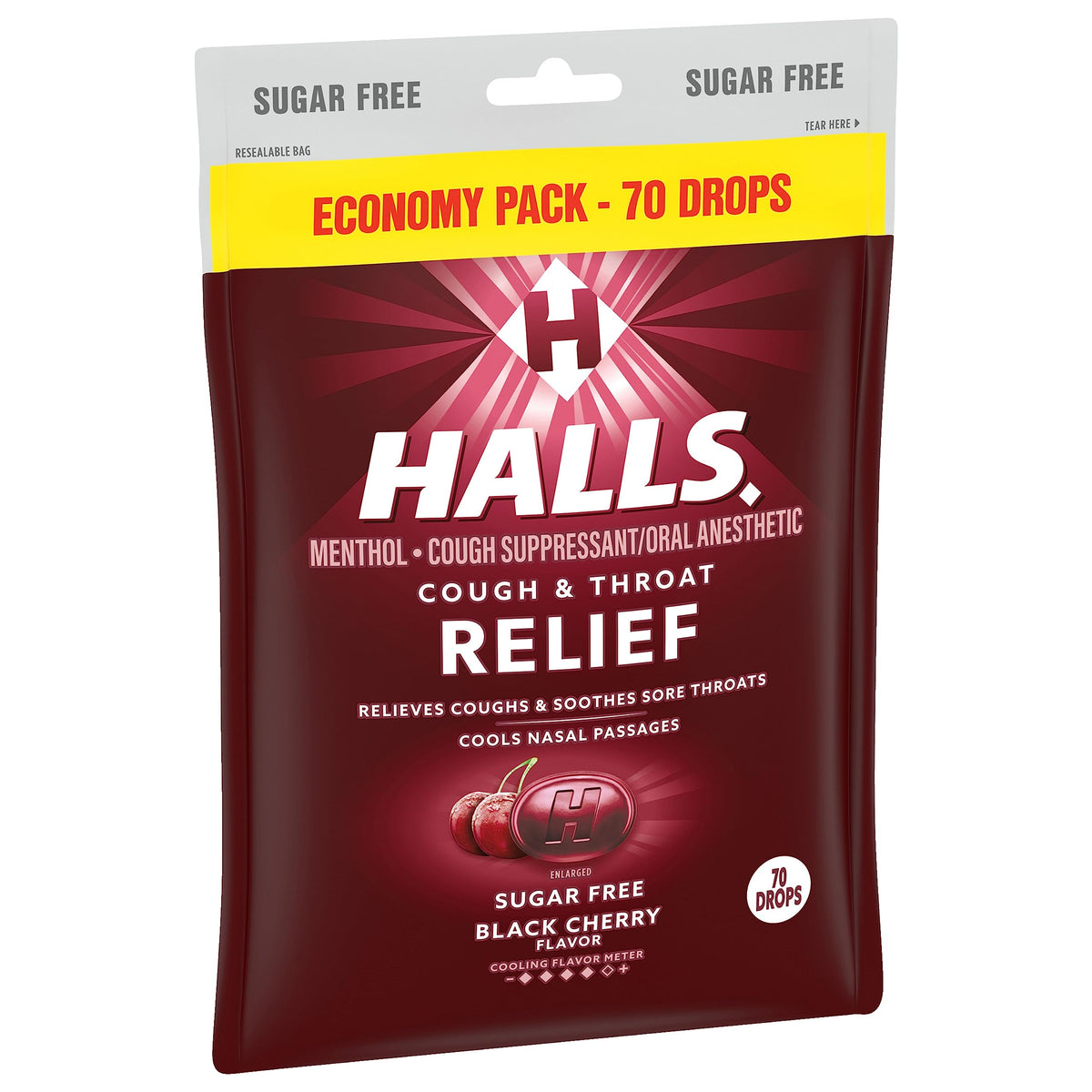 HALLS sugar-free black cherry drops jar as pantry staple for sore throat comfort