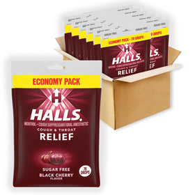HALLS sugar-free black cherry drops packaging display for portable throat relief