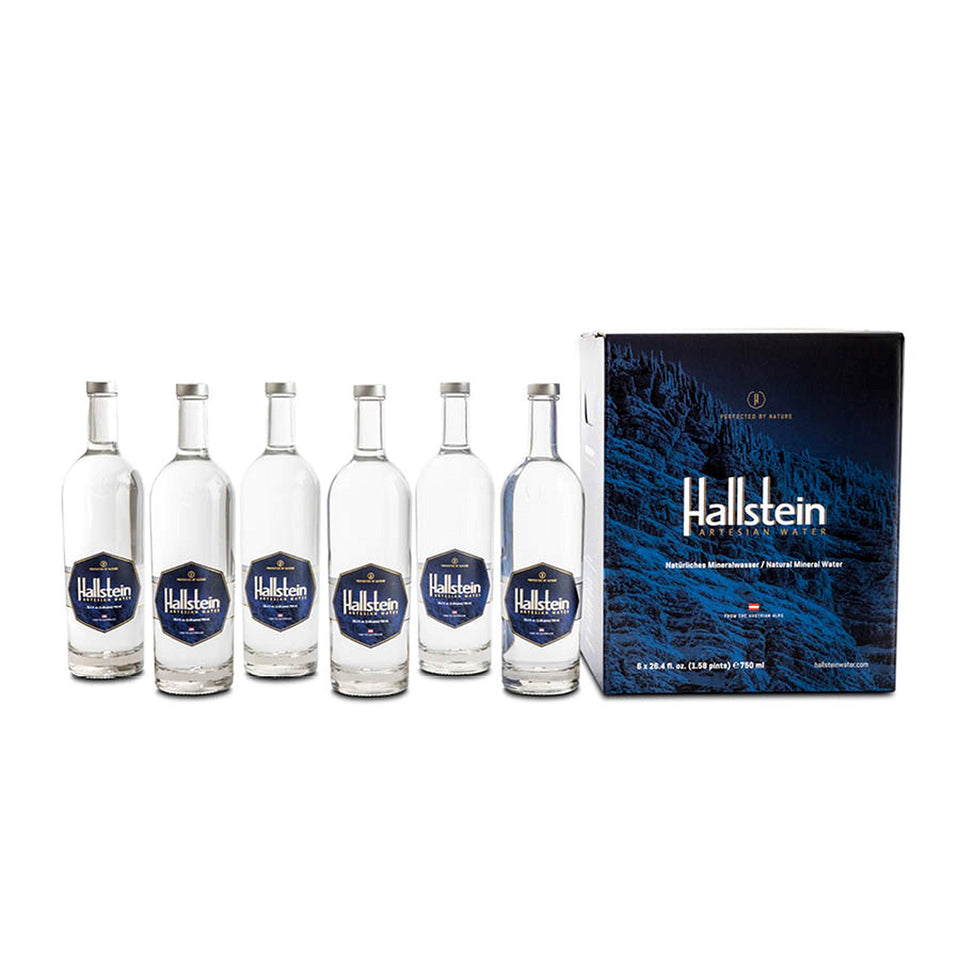 Hallstein Artesian Water six-bottle packaging for convenient daily hydration.