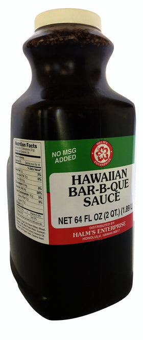 Halm's Hawaiian BBQ Bar-B-Que Sauce bottle front view, 64oz, ideal for family meals.