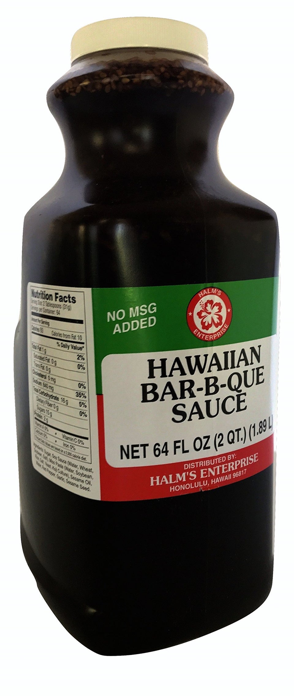 Halm's Hawaiian BBQ Bar-B-Que Sauce bottle front view, 64oz, ideal for family meals.
