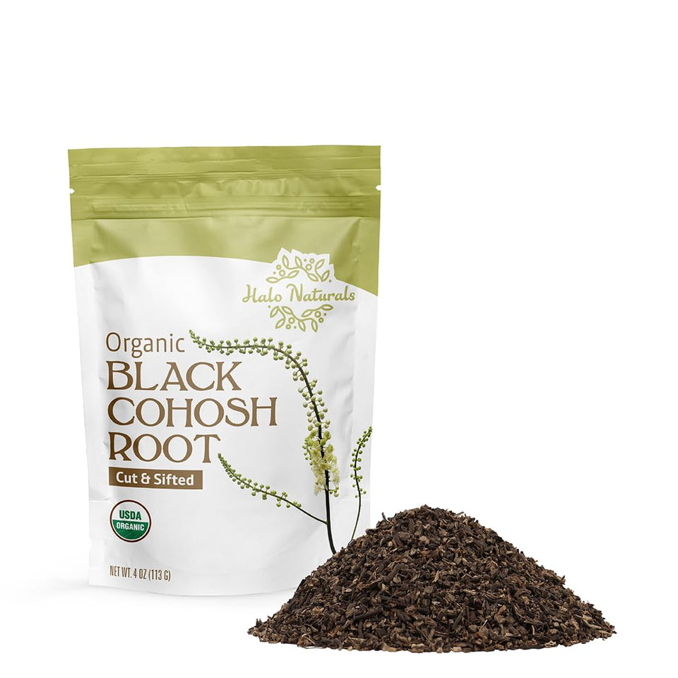 Halo Naturals Black Cohosh root cut and sifted in a resealable pouch for storage.