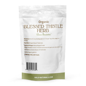 Halo Naturals blessed thistle dried leaves close-up showing textured cut pieces for easy measuring.