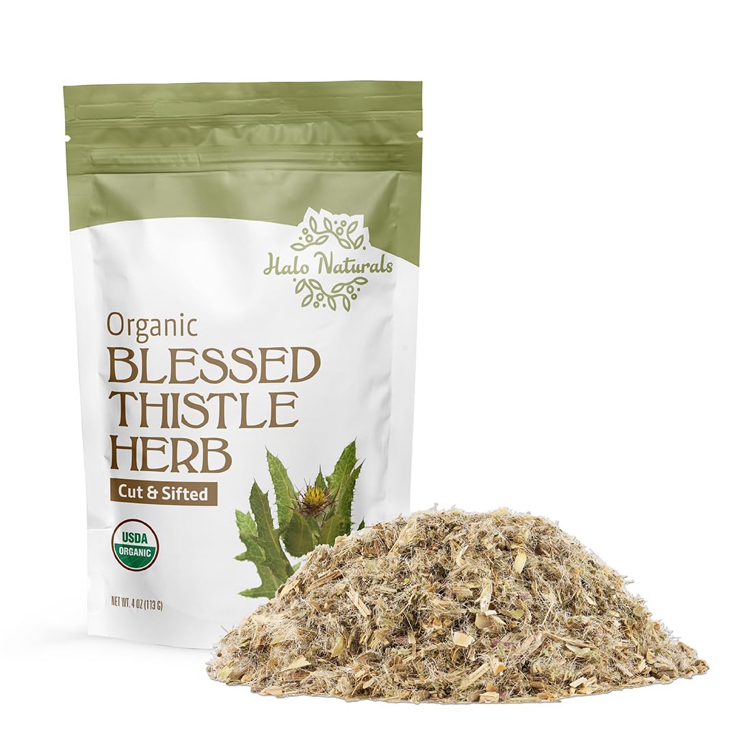 Halo Naturals Blessed Thistle herb cut and sifted, ideal for tea blends and infusions.