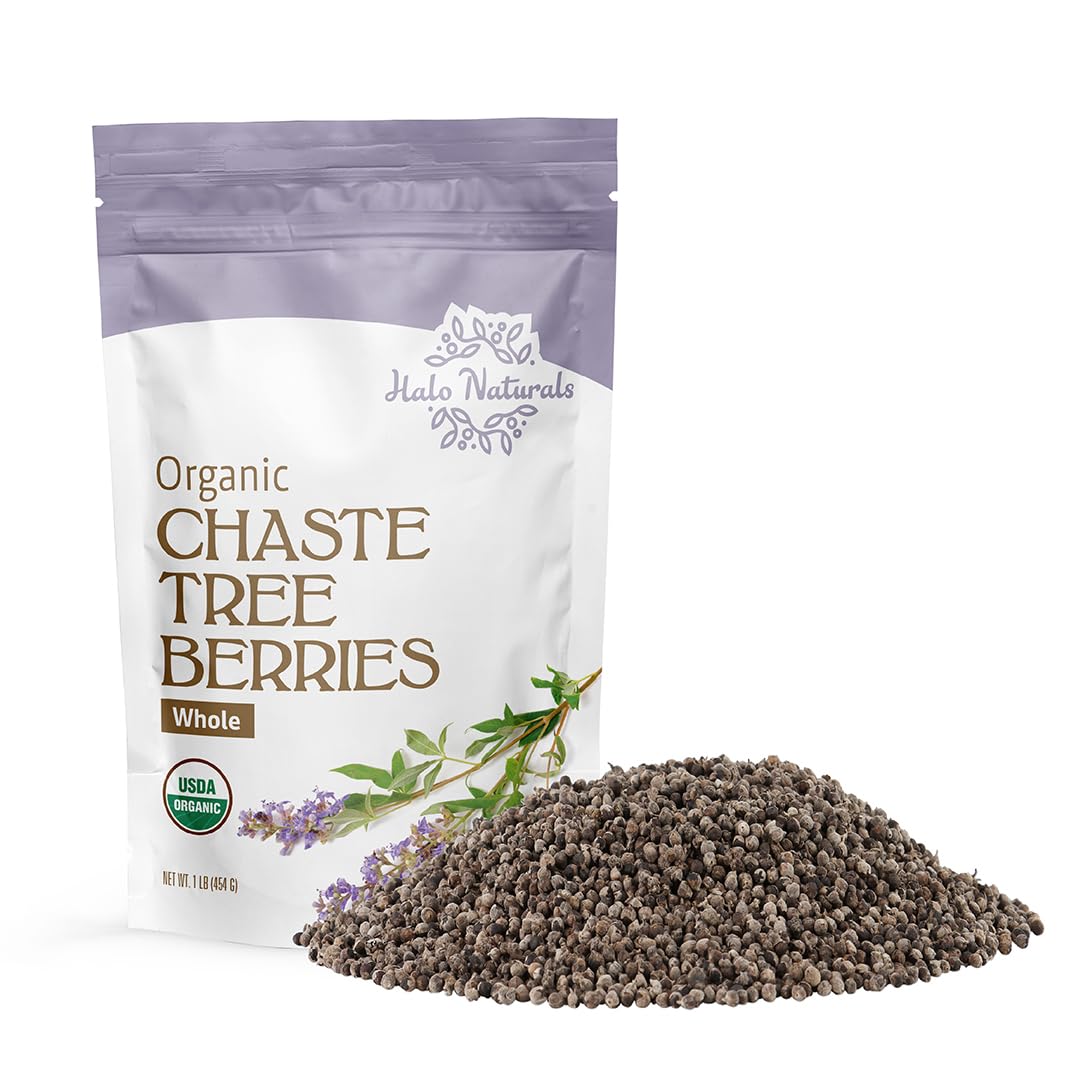 Halo Naturals chaste tree berries whole cut and sifted in resealable bag for freshness